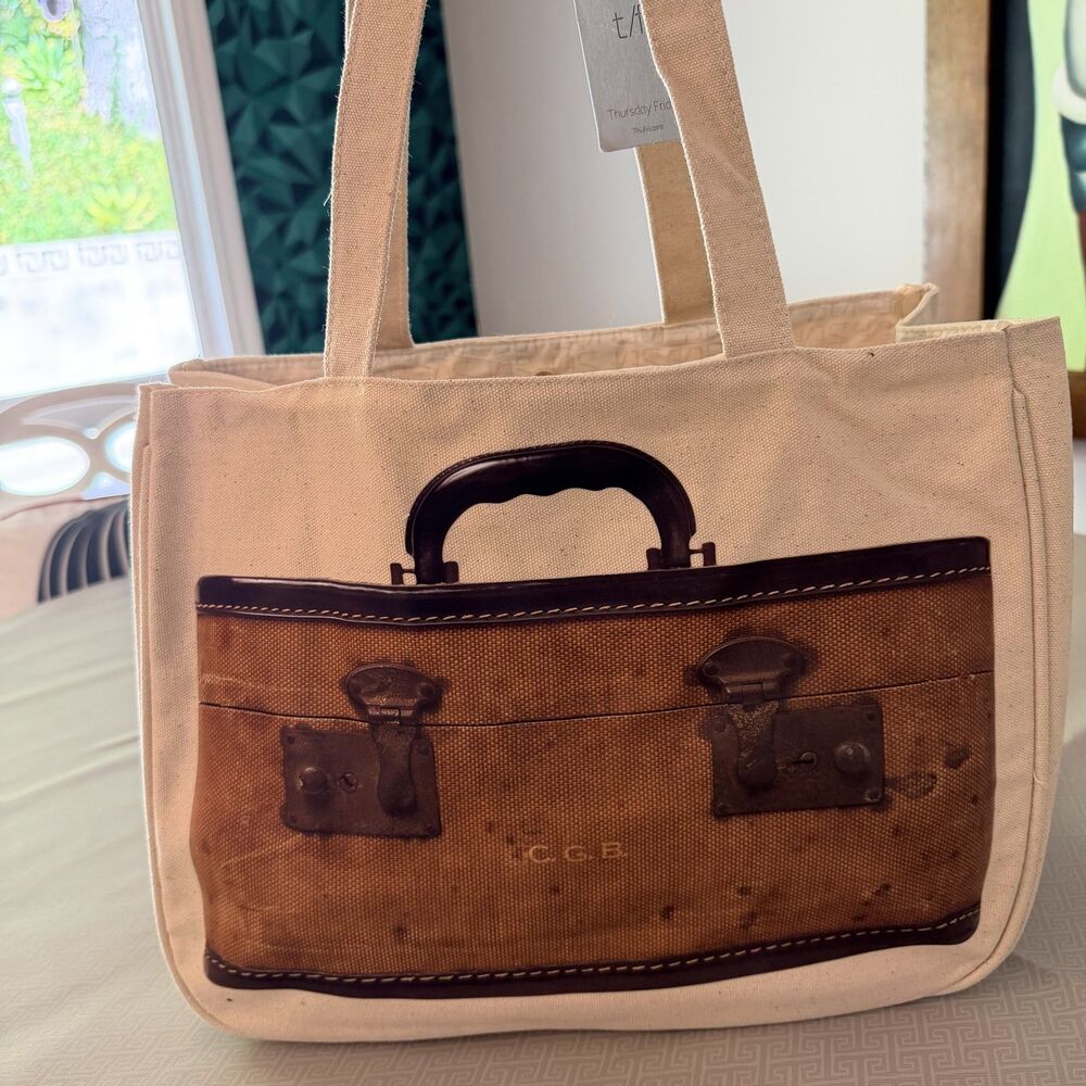 Thursday Friday Vintage Trompe L'oeil Suitcase Print Canvas Tote Bag New w/ Tags